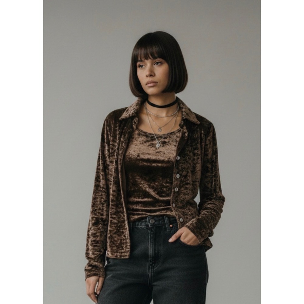 Y2K Charlotte Russe Crushed Velvet Top Set Womens Brown Grunge Indie‎ Sleaze Med